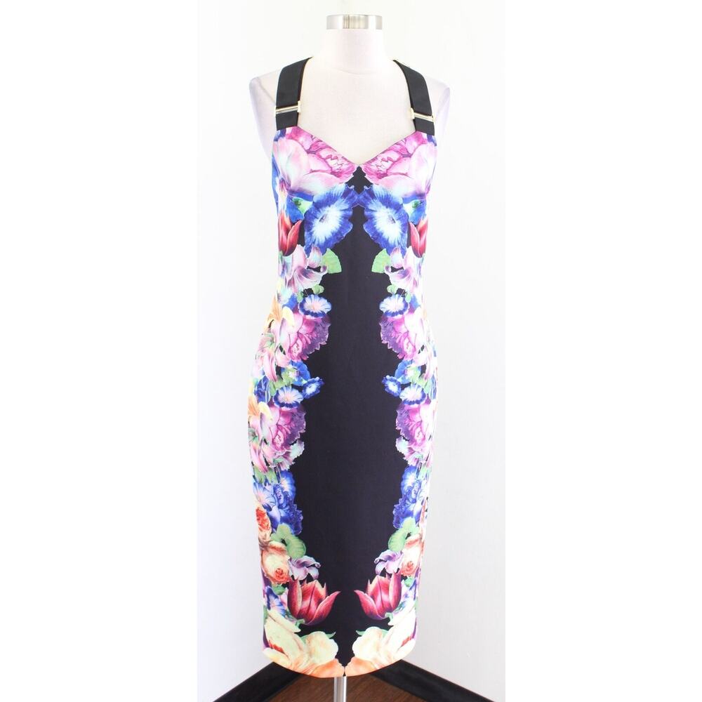 Ted Baker Deony Black Colorful Floral Bodycon Scuba Midi Dress Sz 2 Buckle Strap